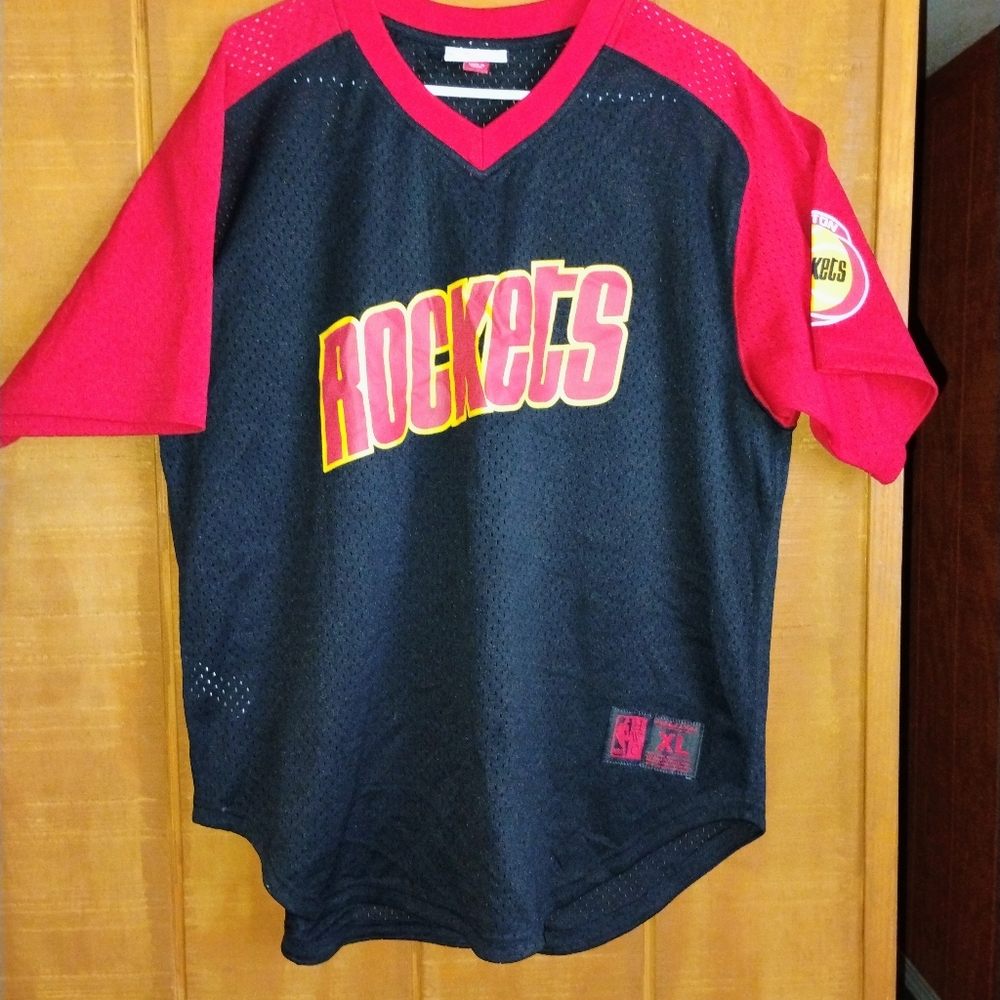 Men's Mitchell and Ness Rockets Basketball Black and Red and Orange XL Jersey